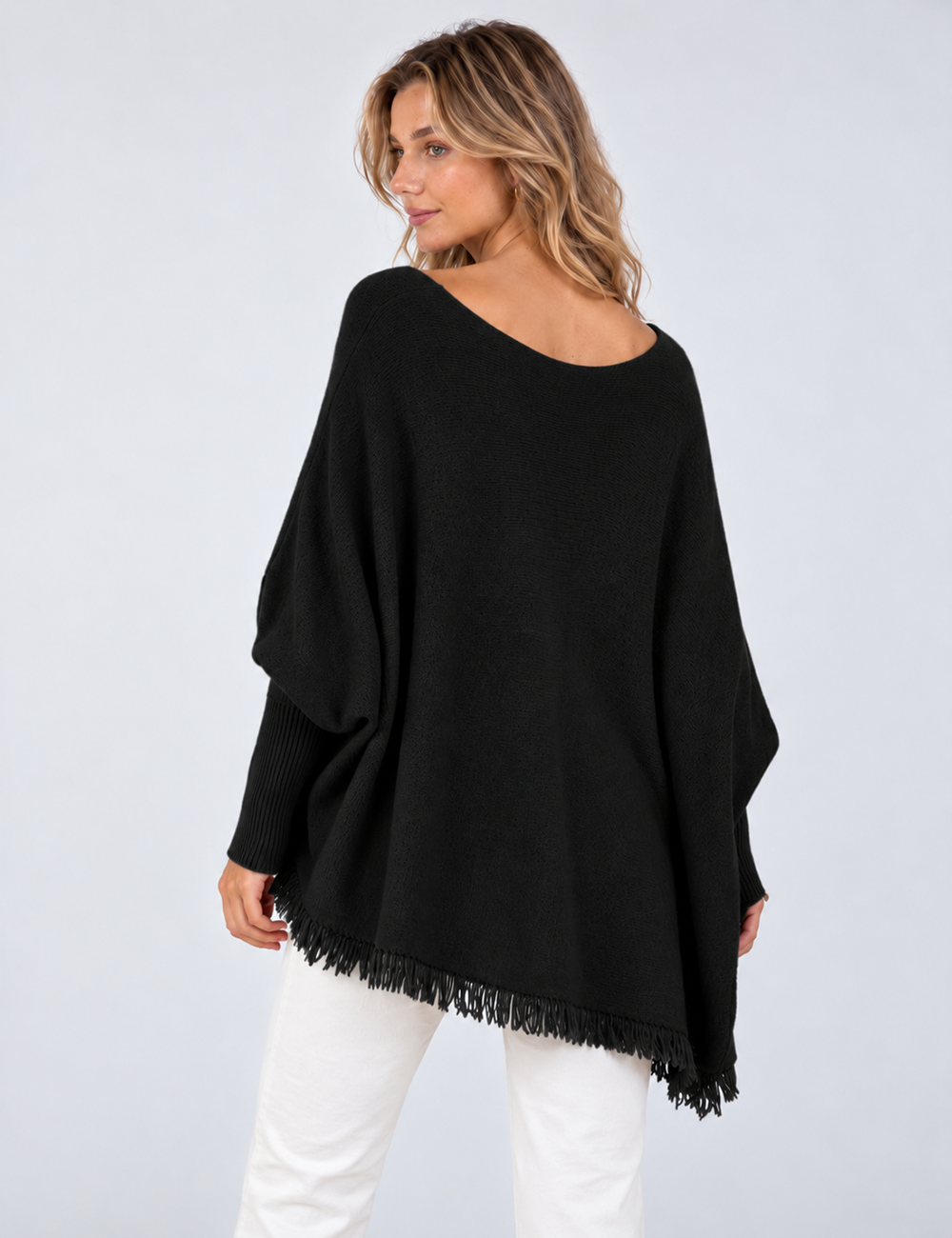 Ladies Casual V-Neck Fringe Hem Long Sleeve Knit Top