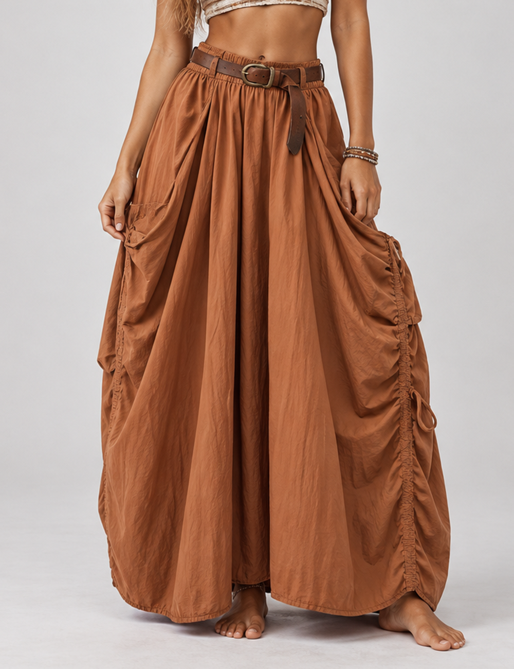 Ladies Boho Drawstring Pocket Organic Maxi Skirt