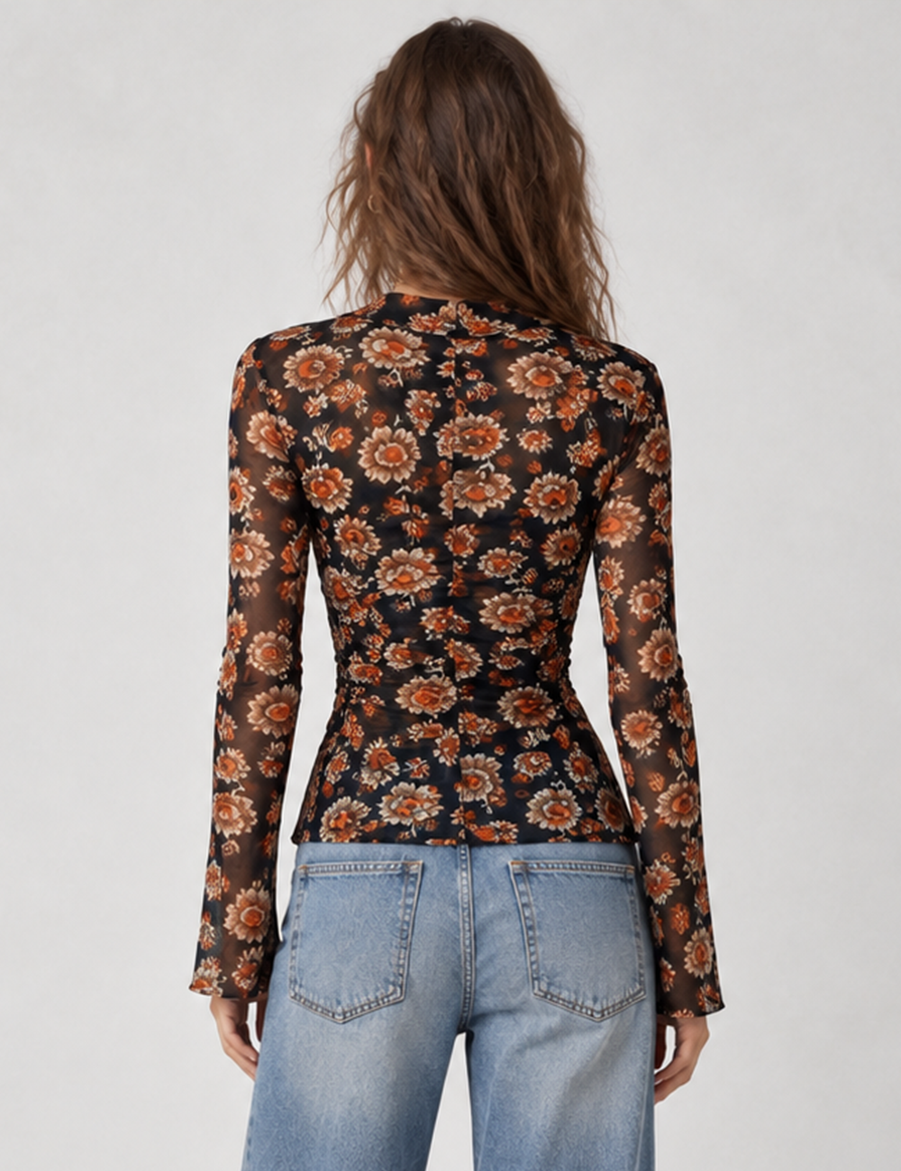Ladies Sheer Mesh Floral Print V-Neck Button Front Top