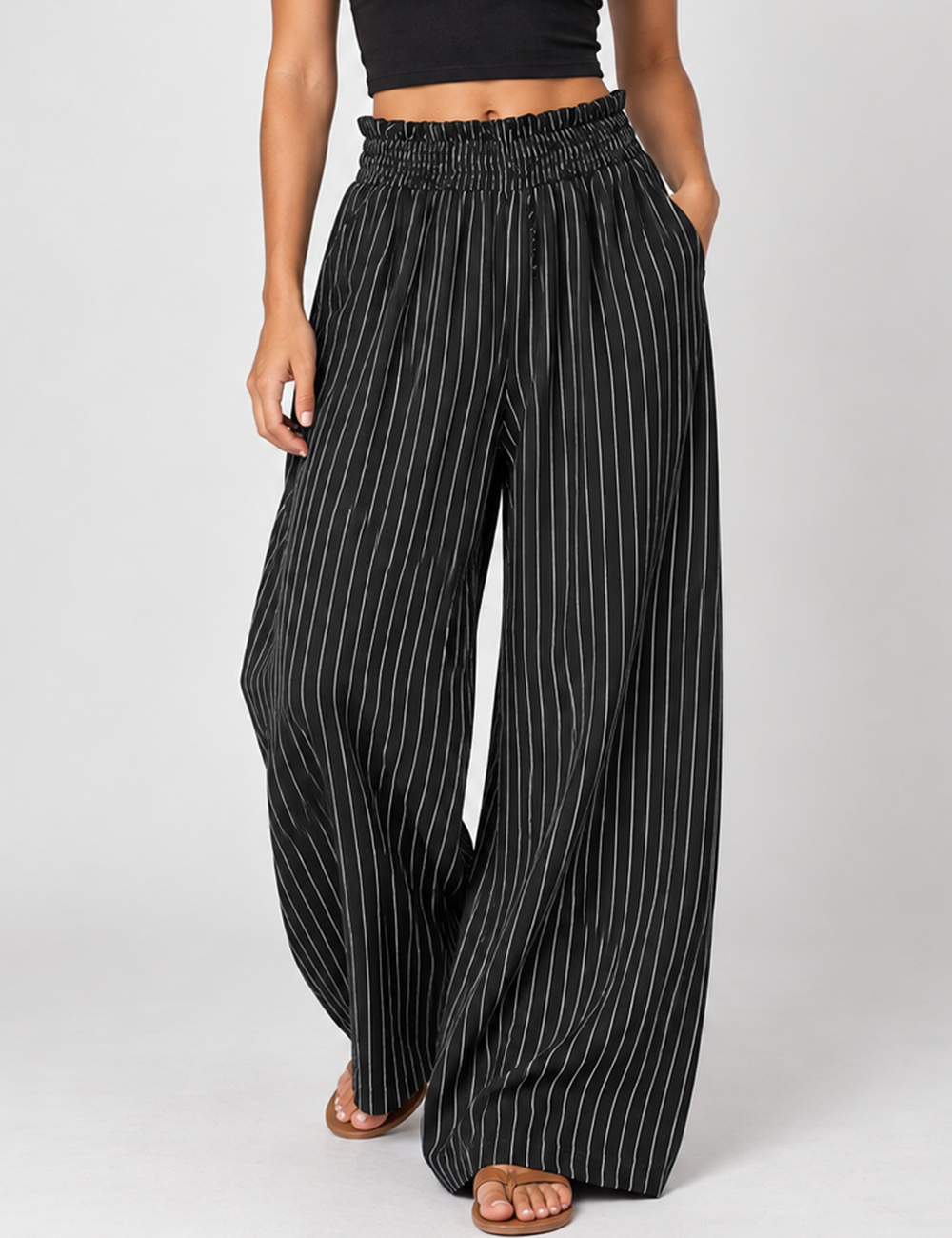 Ladies Striped Elastic Waist Drawstring Wide Leg Pants