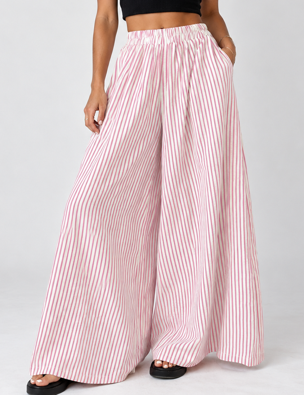 Ladies Striped Elastic Waist Wide Leg Pants