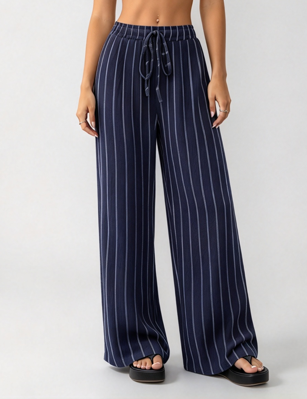 Ladies Casual Striped Elastic Waist Drawstring Wide Leg Pants
