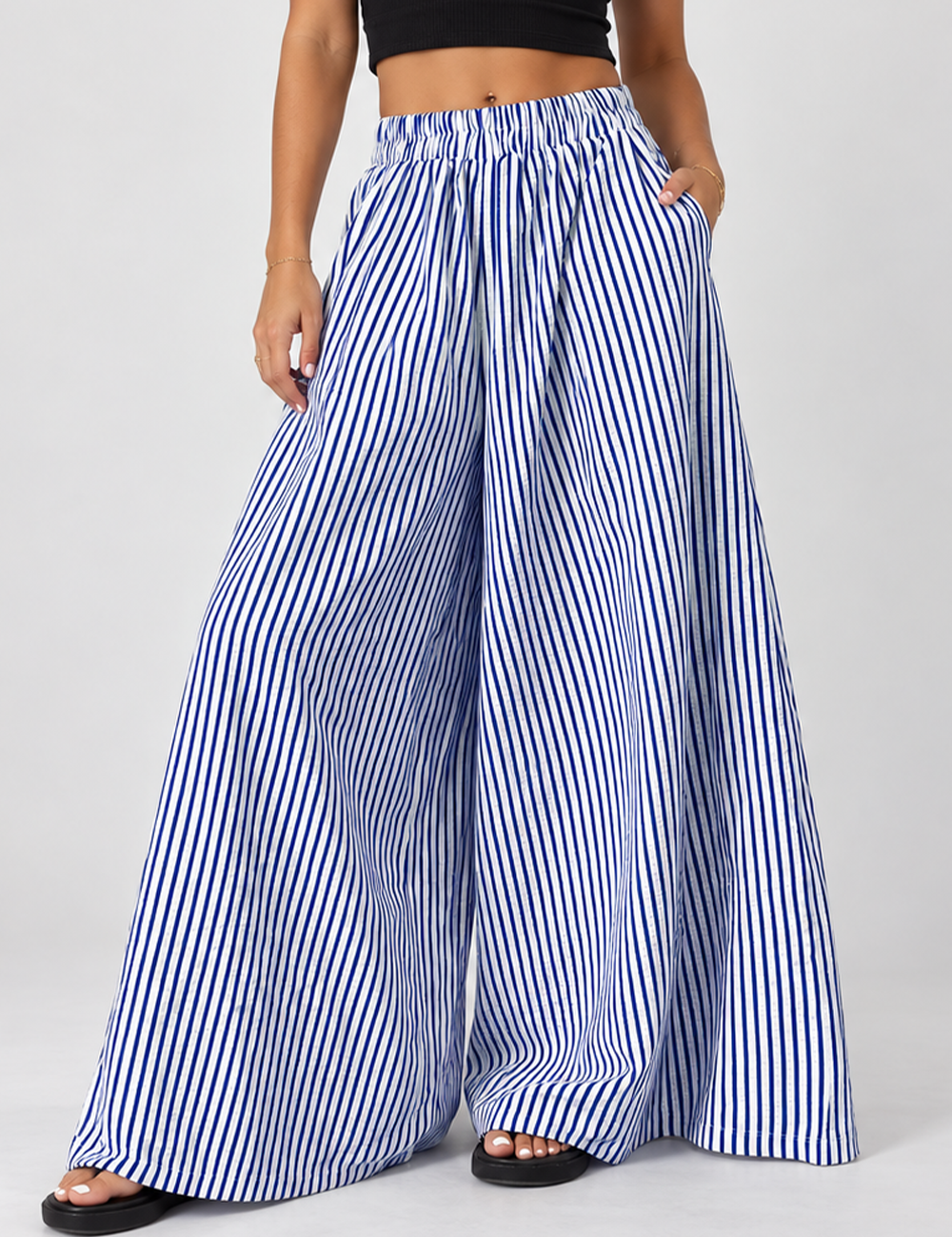 Ladies Striped Elastic Waist Wide Leg Pants