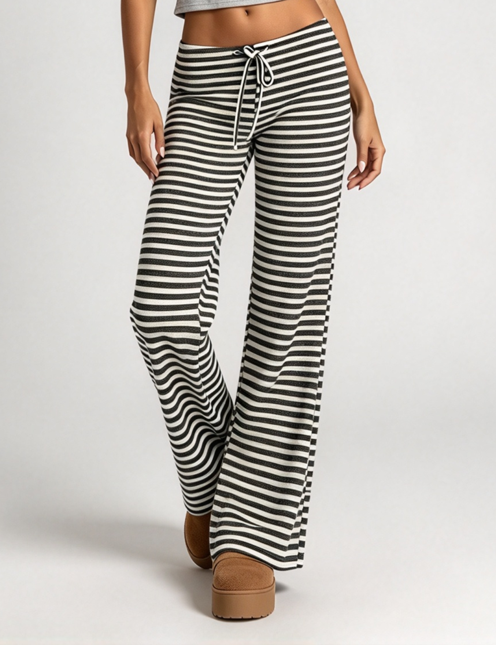 Ladies Striped Drawstring Elastic Waist Wide Leg Pants