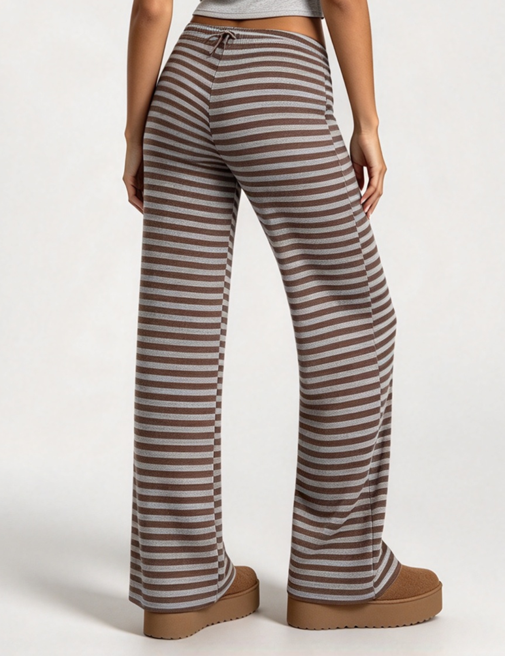 Ladies Striped Drawstring Elastic Waist Wide Leg Pants