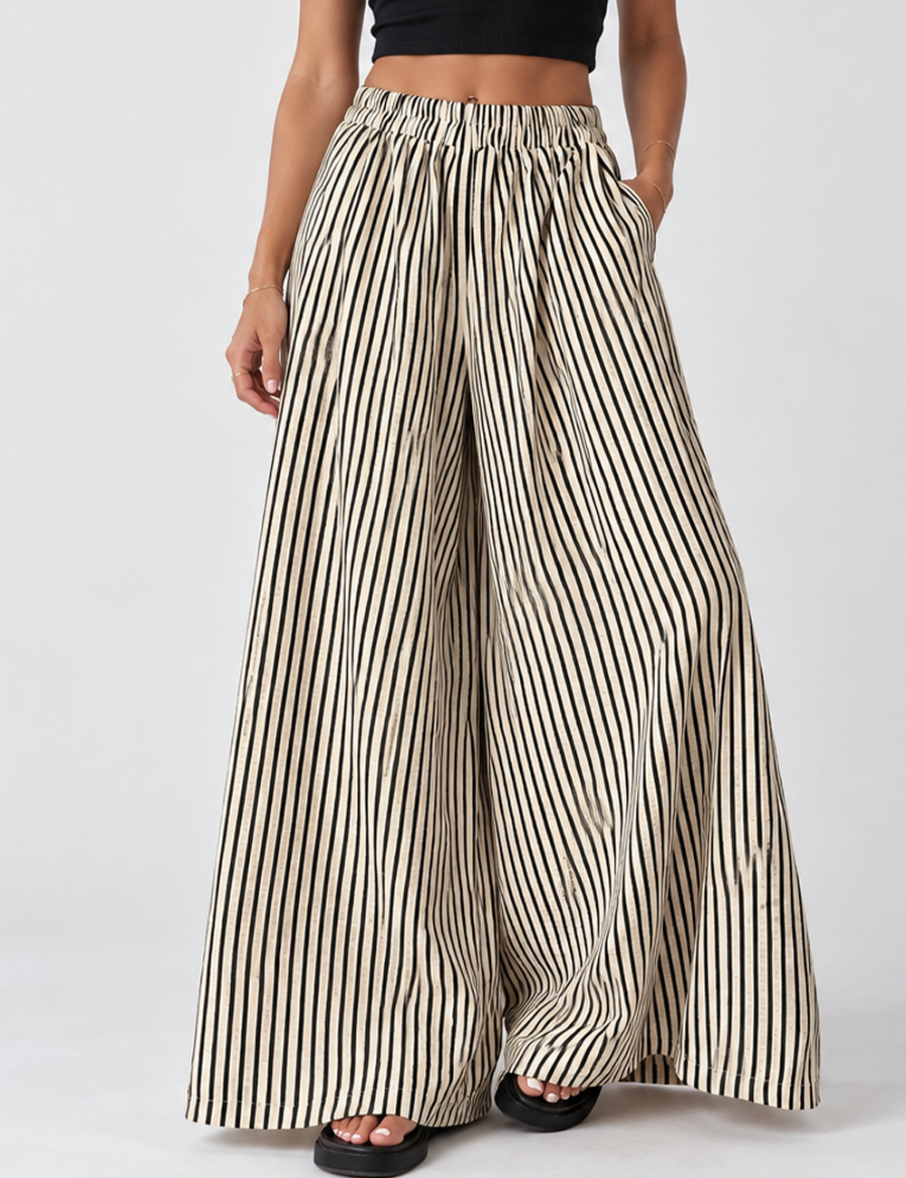 Ladies Striped Elastic Waist Wide Leg Pants