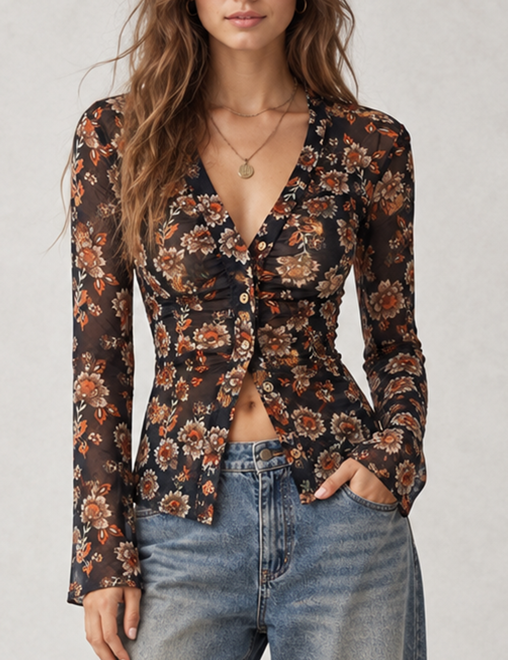 Ladies Sheer Mesh Floral Print V-Neck Button Front Top