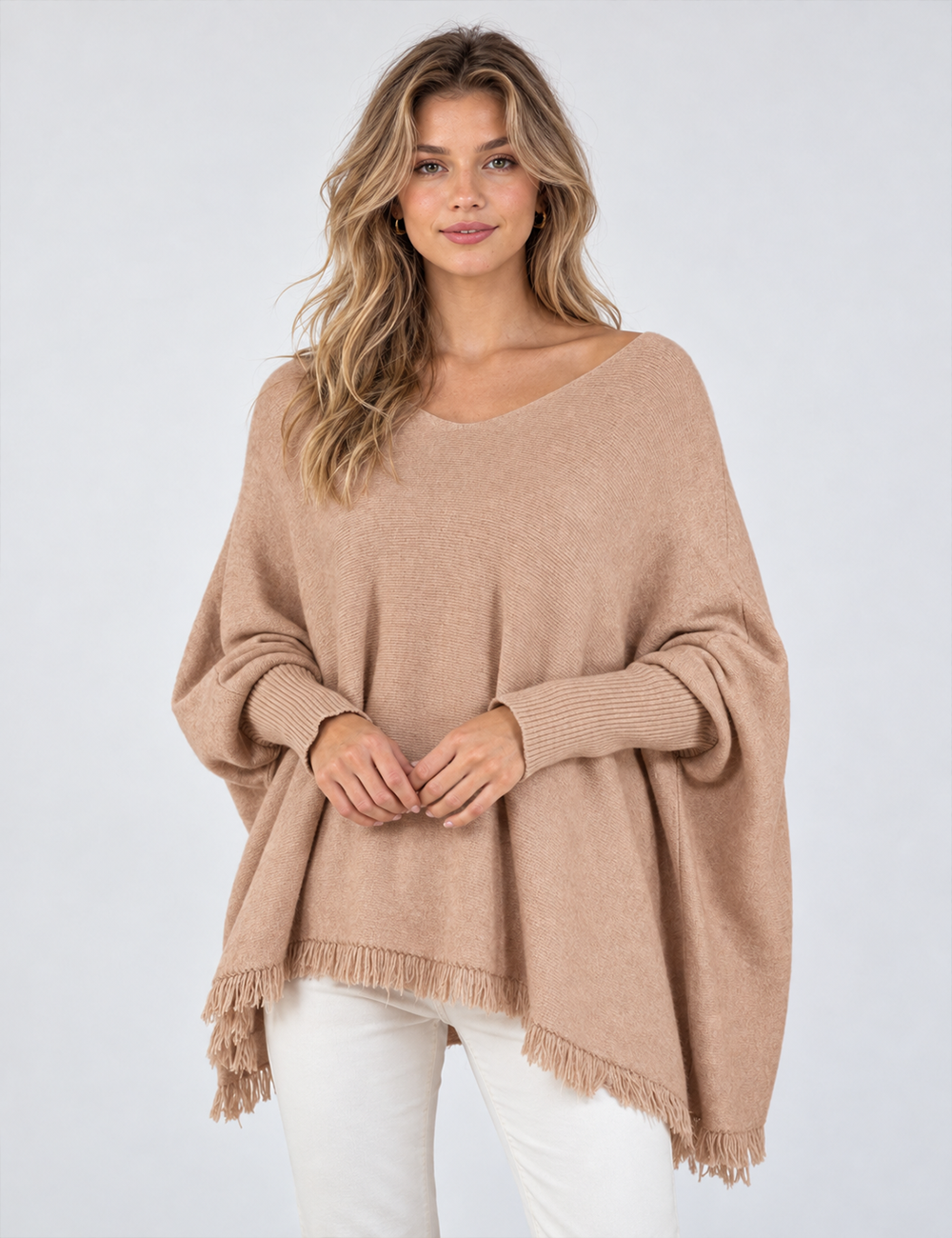 Ladies Casual V-Neck Fringe Hem Long Sleeve Knit Top