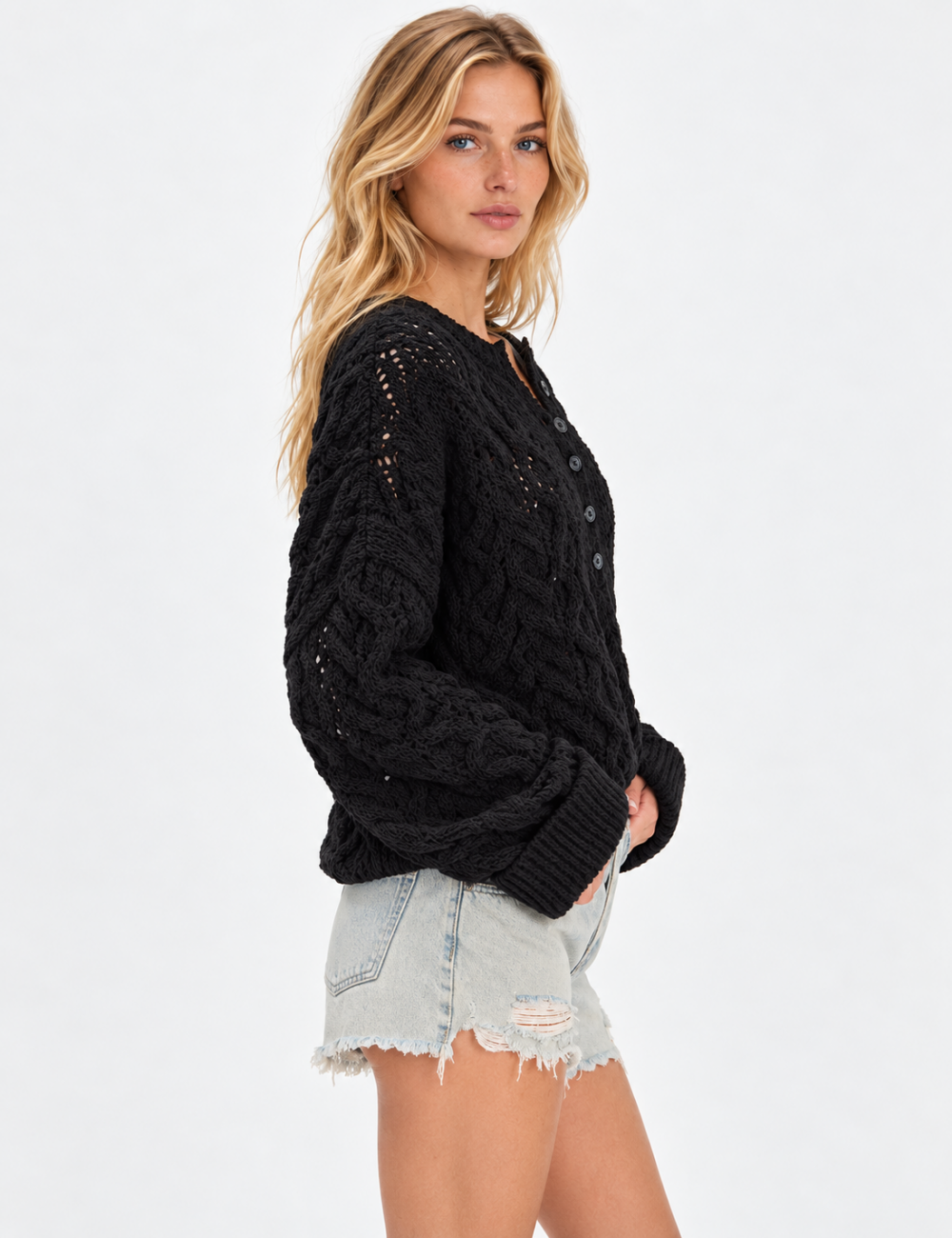 Ladies Casual Henley Neck Cable Knit Long Sleeve Sweater