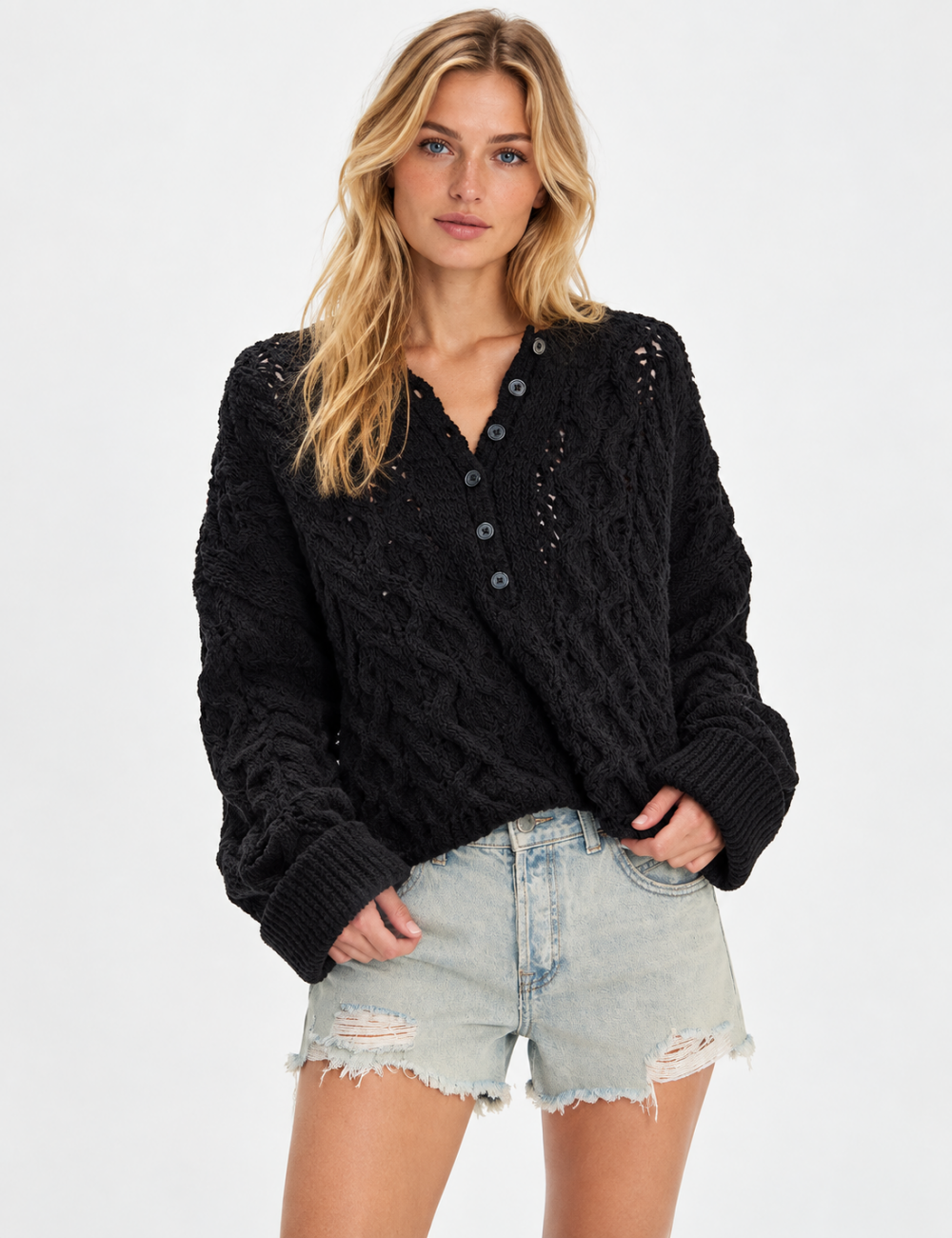 Ladies Casual Henley Neck Cable Knit Long Sleeve Sweater