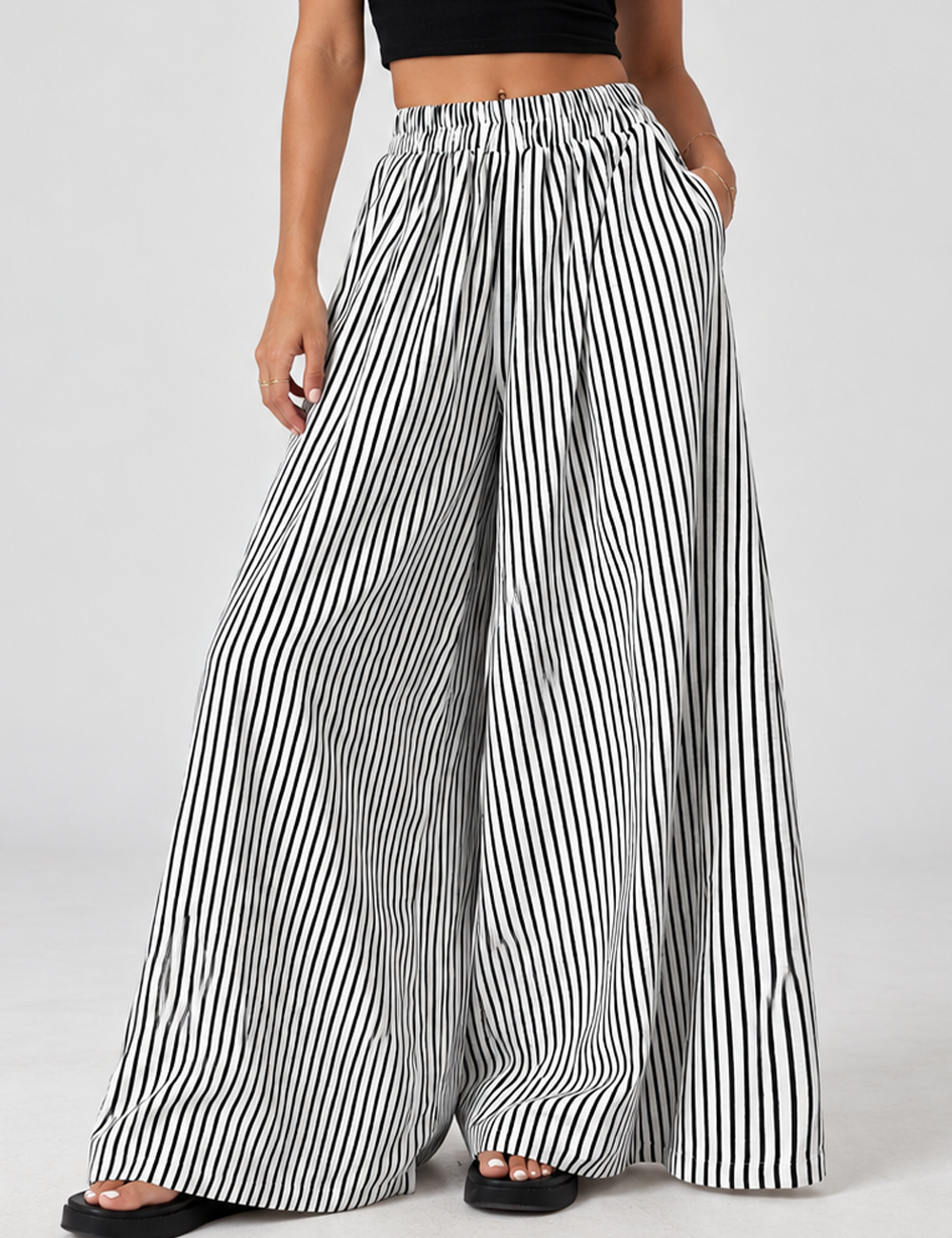 Ladies Striped Elastic Waist Wide Leg Pants