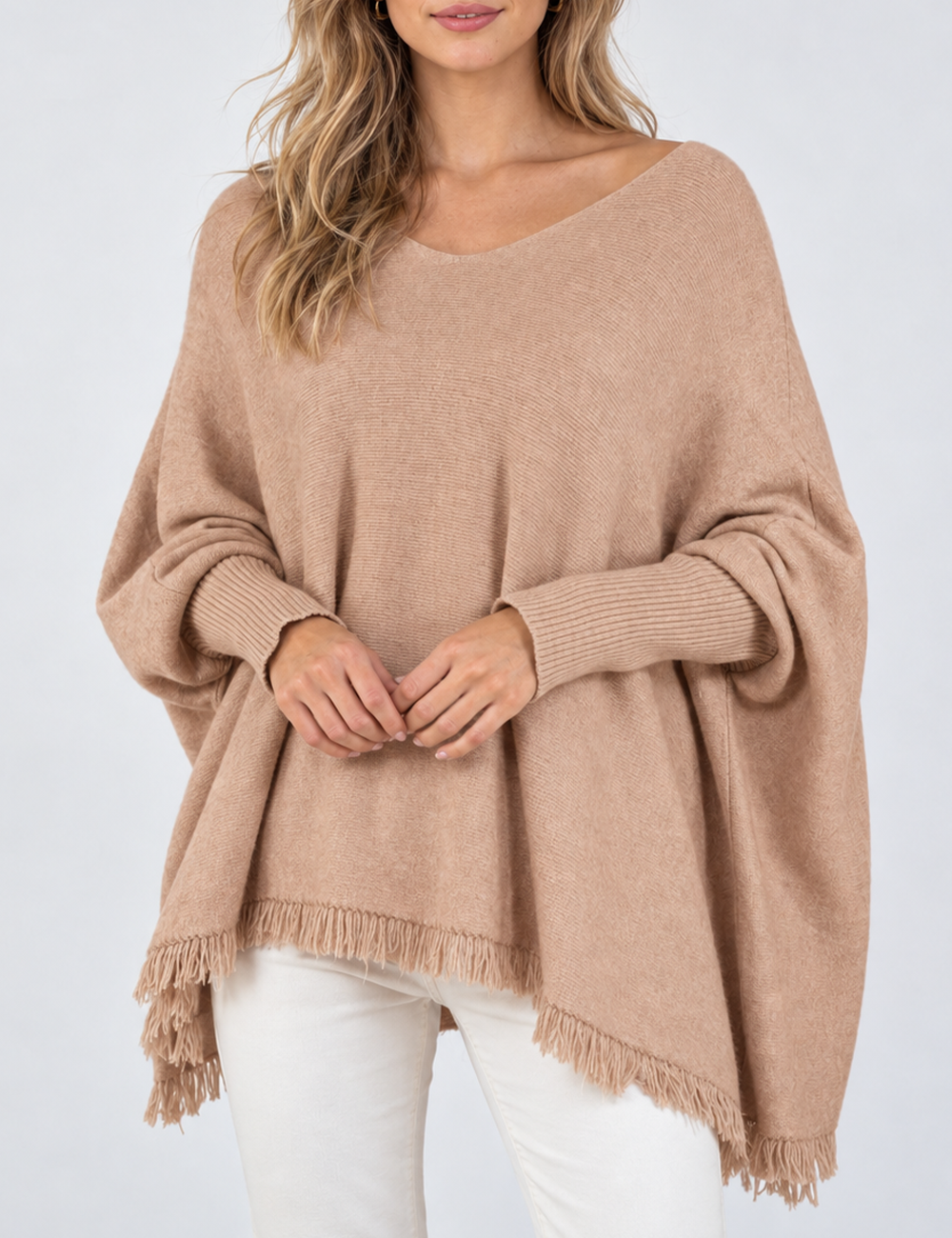 Ladies Casual V-Neck Fringe Hem Long Sleeve Knit Top