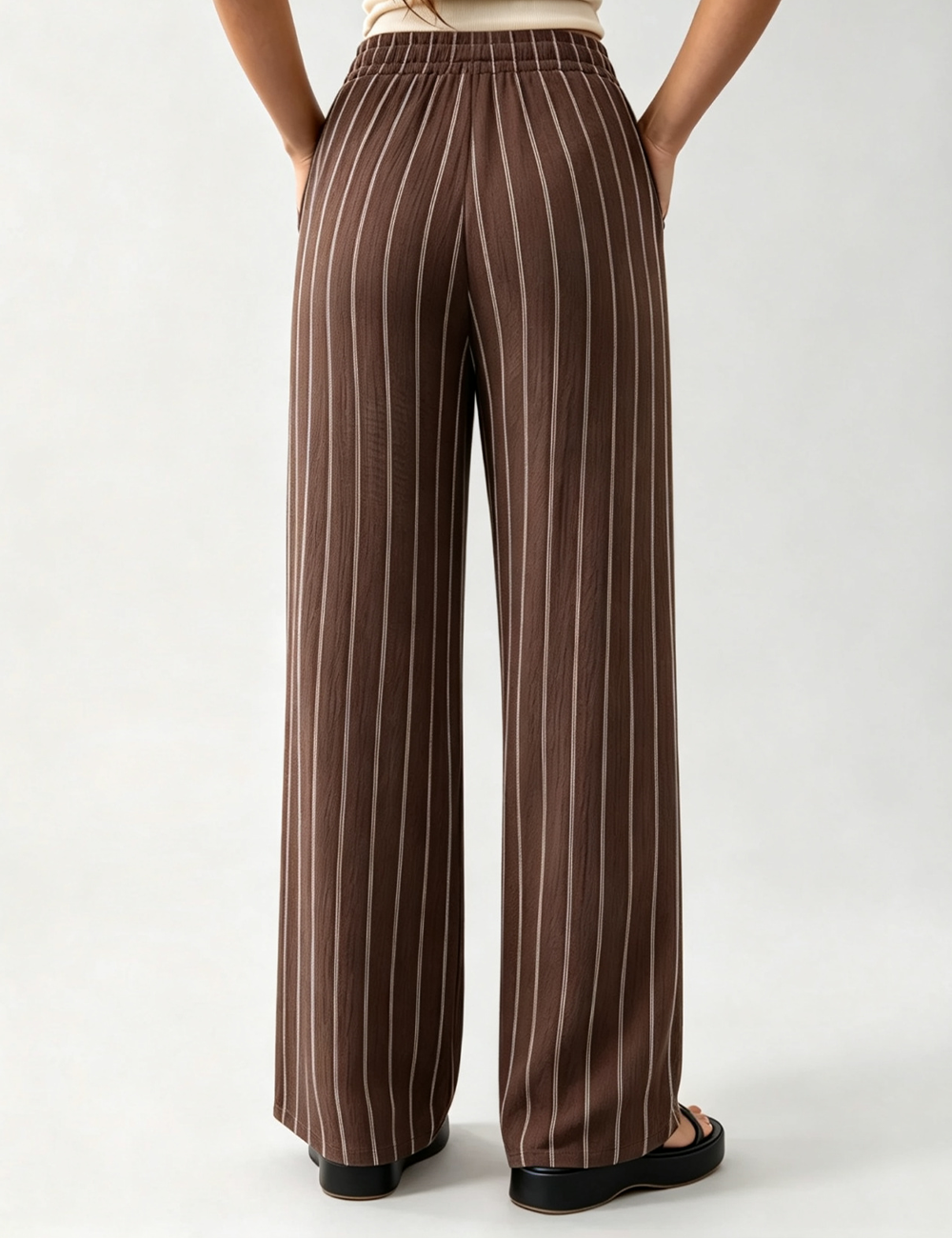 Ladies Casual Striped Elastic Waist Drawstring Wide Leg Pants