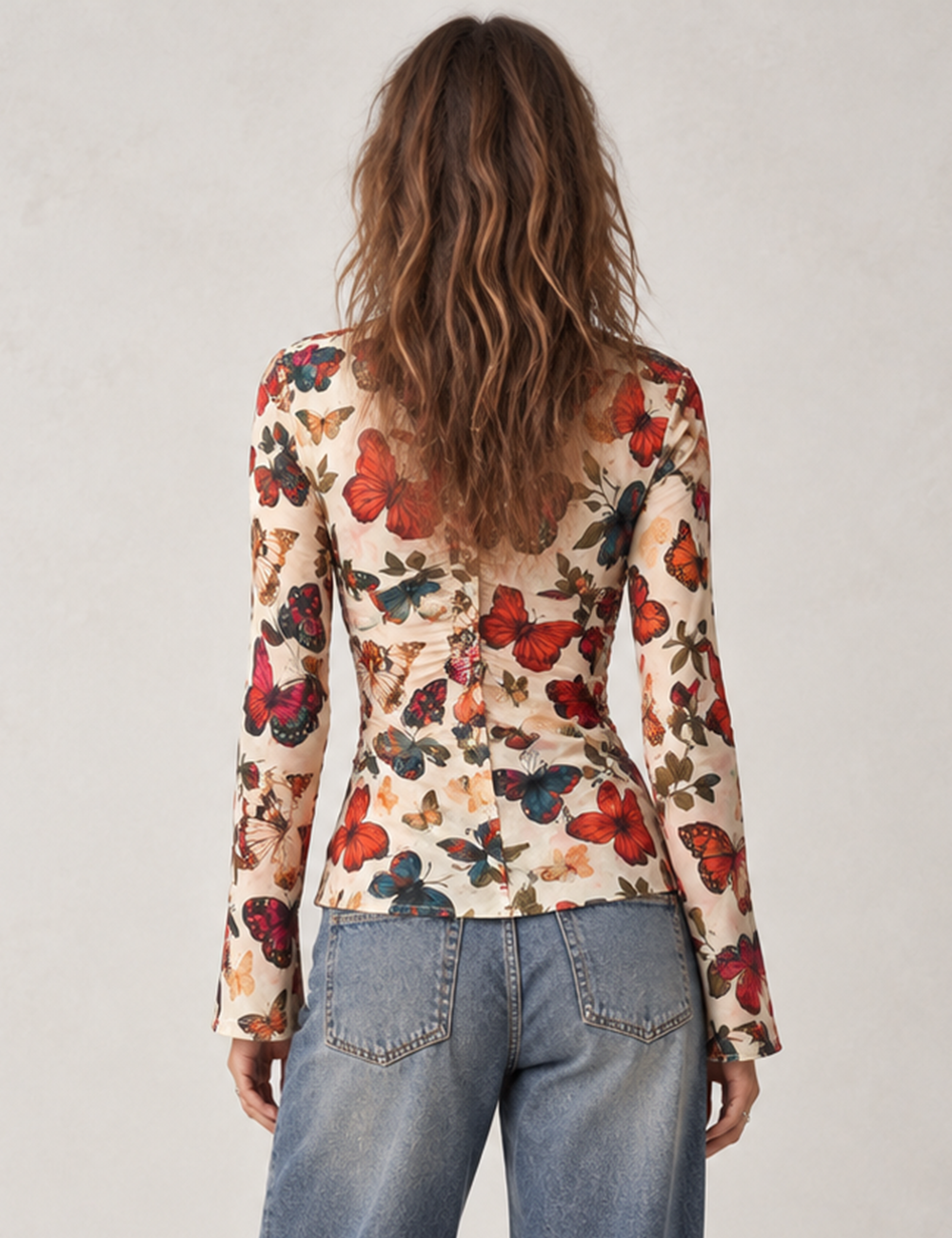 Ladies Butterfly Print V-Neck Sheer Mesh Long Sleeves Top