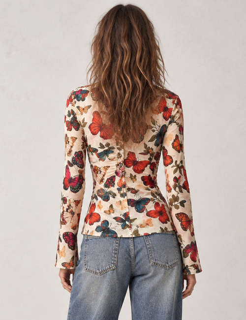 Ladies Butterfly Print V-Neck Sheer Mesh Long Sleeves Top
